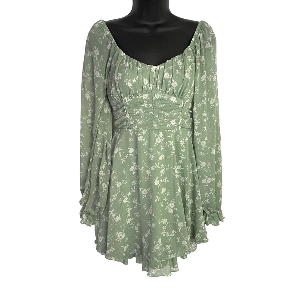 Thirty Thirty Milkmaid Babydoll Mini‎ Dress Size S Green Floral Fairy Coquette